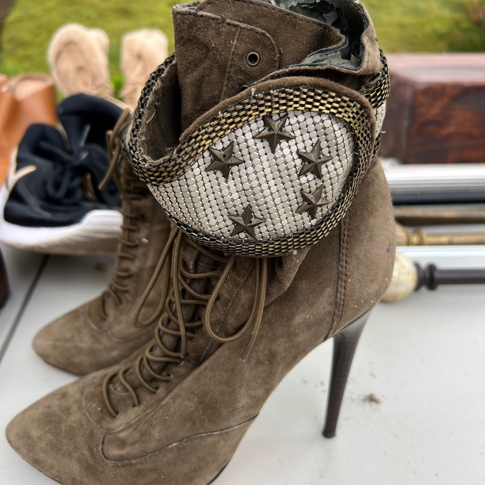 Kardashian Kollection Olive Suede Lace-Up Stiletto Ankle Boots with Star Cuff